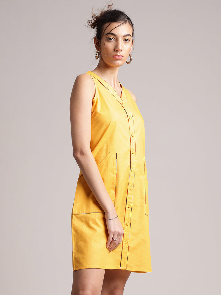 Yellow Cotton Solid Shirt Dress  - By Janasya