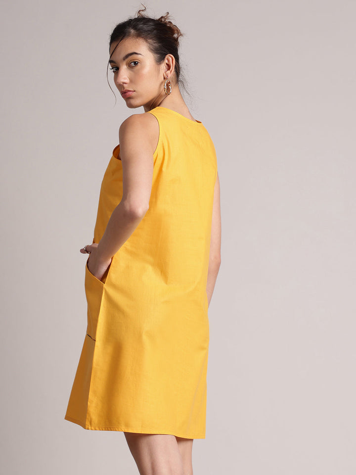 Yellow Cotton Solid Shirt Dress  - By Janasya