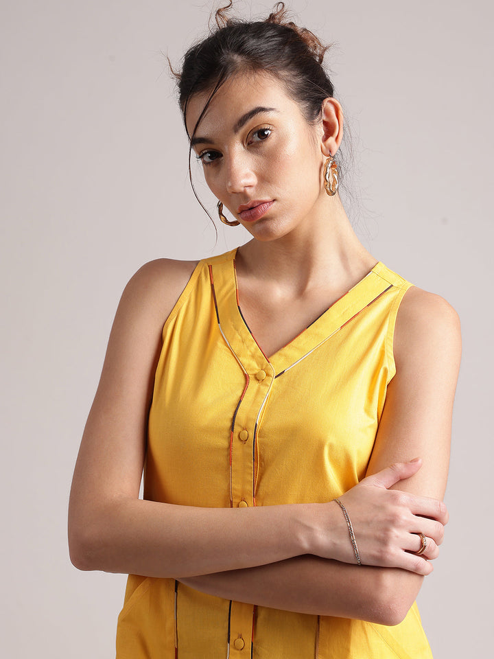 Yellow Cotton Solid Shirt Dress  - By Janasya