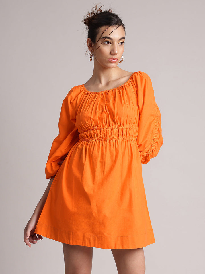 Orange Poplin Solid Fit & Flare Dress  - By Janasya