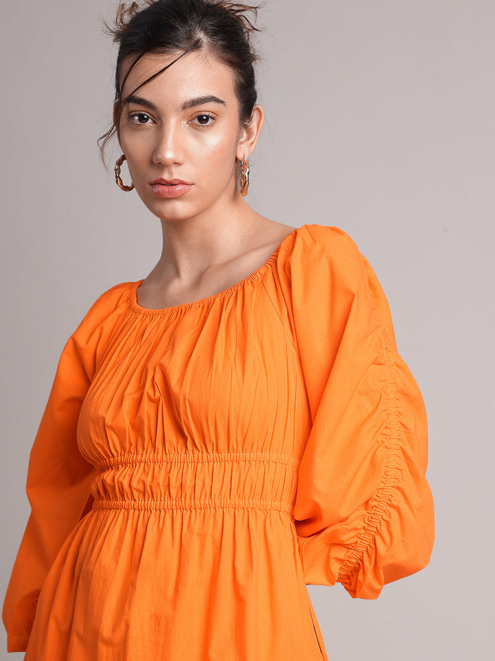 Orange Poplin Solid Fit & Flare Dress  - By Janasya