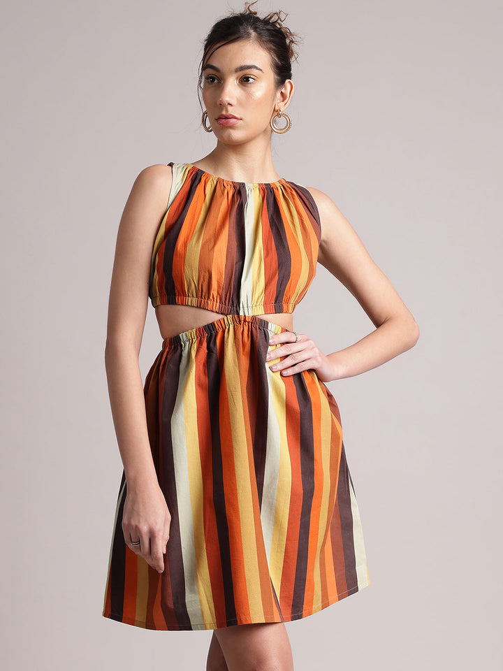 Multicolor Cotton Striped Side Cut-Out Dress  - By Janasya