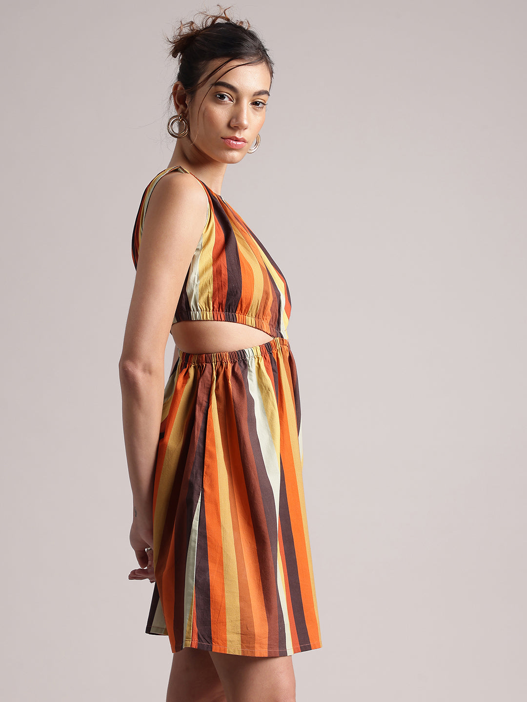 Multicolor Cotton Striped Side Cut-Out Dress  - By Janasya