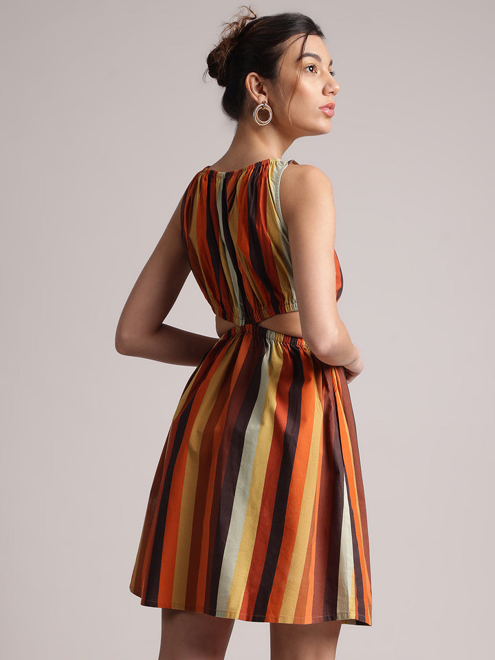 Multicolor Cotton Striped Side Cut-Out Dress  - By Janasya