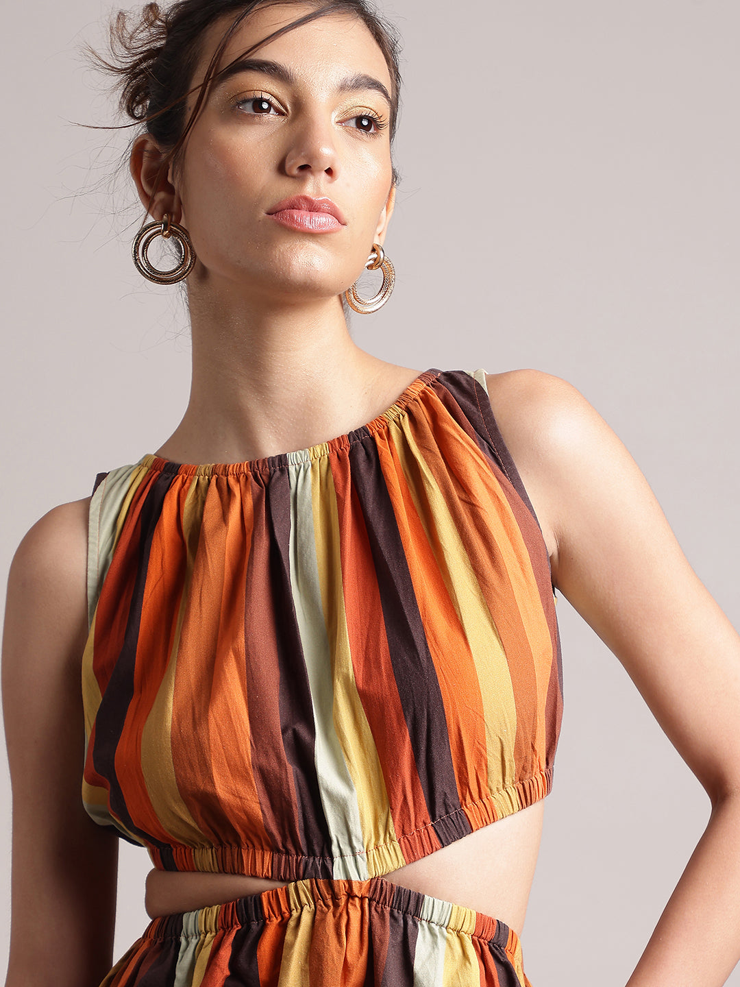 Multicolor Cotton Striped Side Cut-Out Dress  - By Janasya