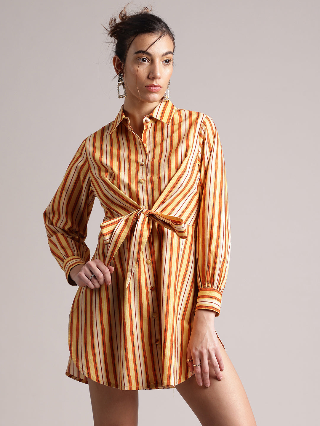 Yellow Cotton Striped Shirt Style Front Tie-Up Dress  - By Janasya