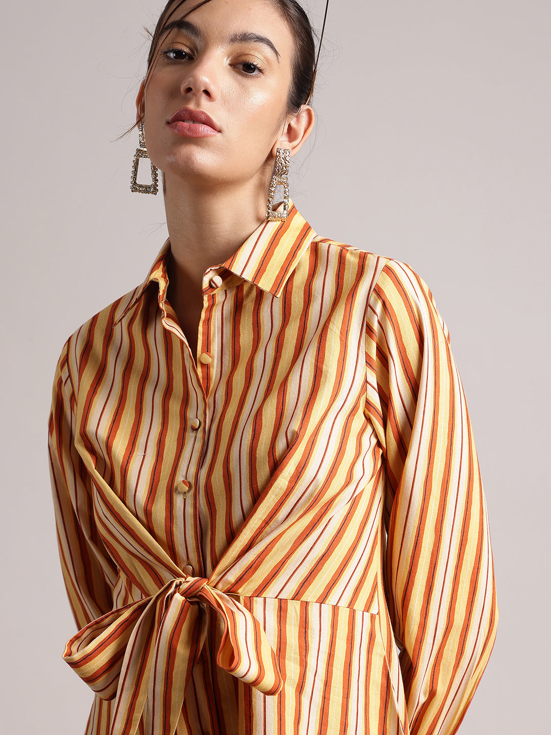 Yellow Cotton Striped Shirt Style Front Tie-Up Dress  - By Janasya