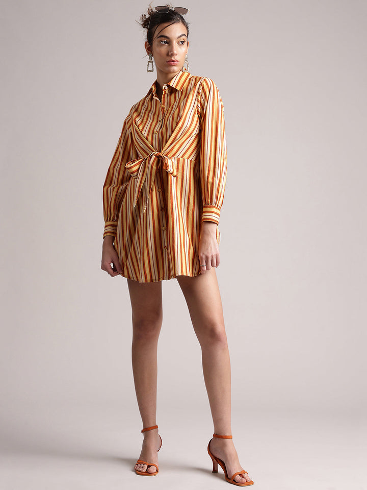 Yellow Cotton Striped Shirt Style Front Tie-Up Dress  - By Janasya