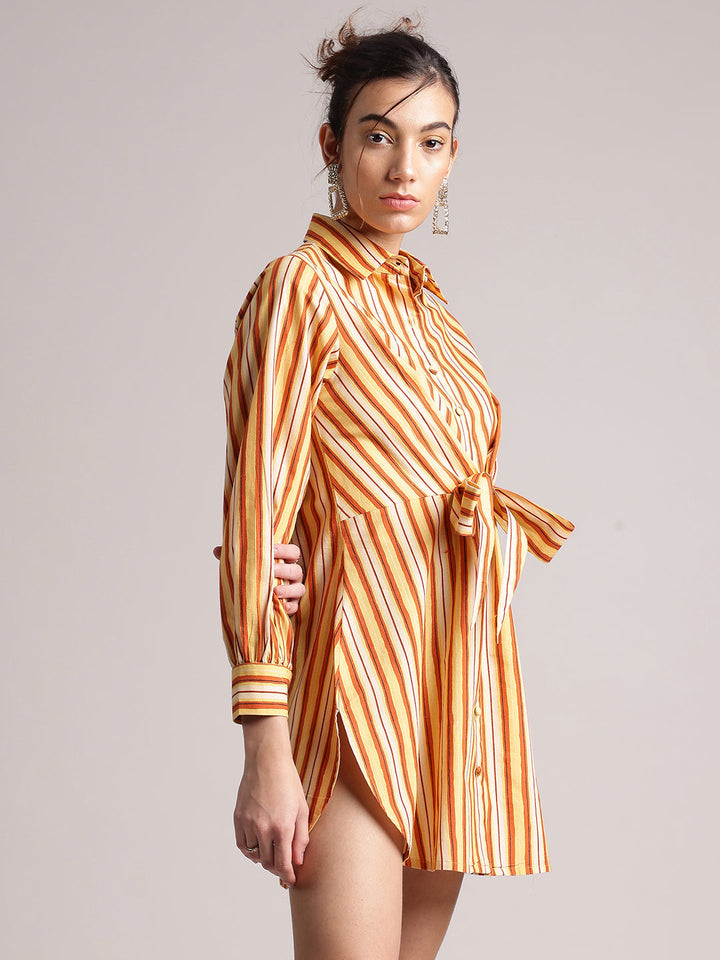 Yellow Cotton Striped Shirt Style Front Tie-Up Dress  - By Janasya