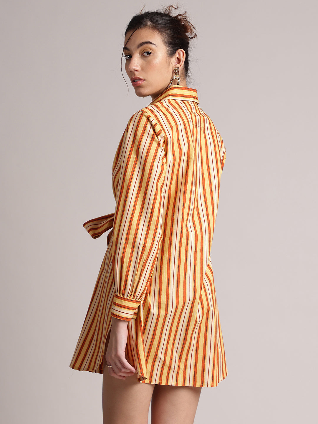 Yellow Cotton Striped Shirt Style Front Tie-Up Dress  - By Janasya