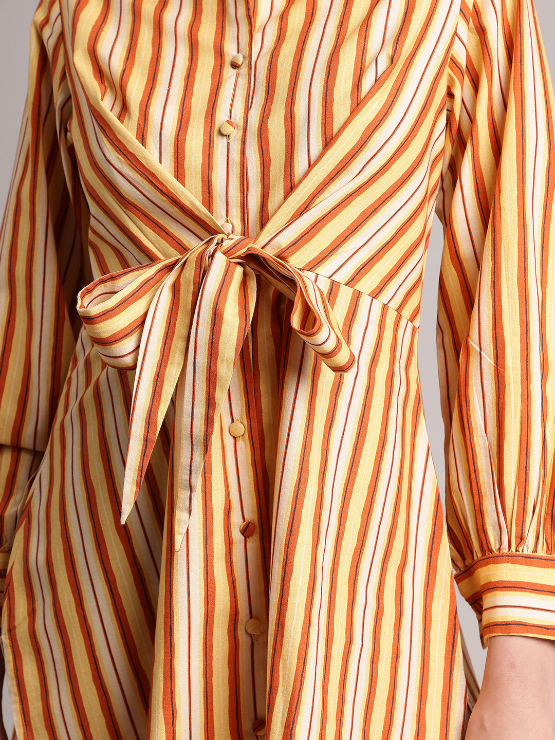 Yellow Cotton Striped Shirt Style Front Tie-Up Dress  - By Janasya