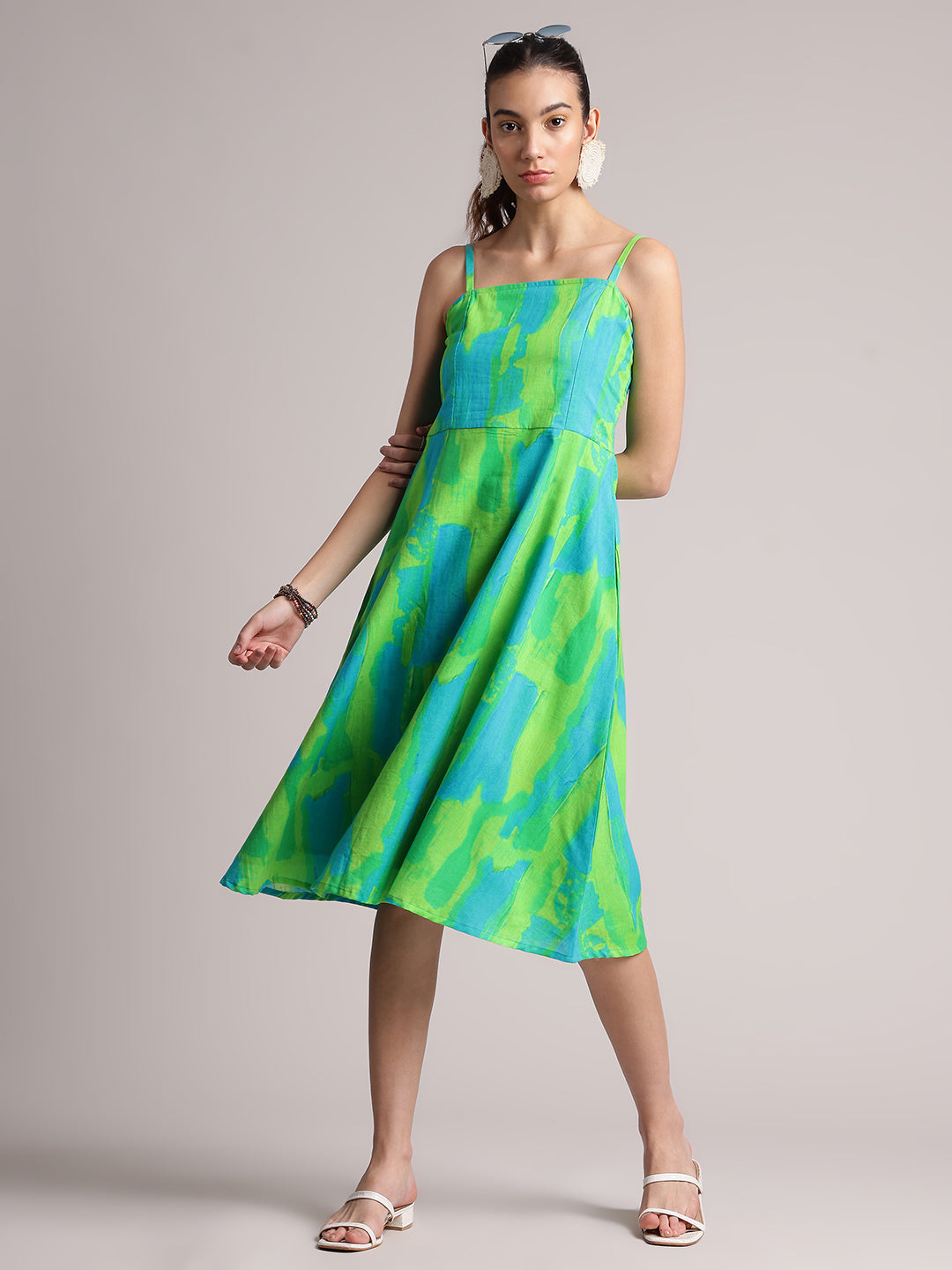 Lime Cotton Abstract A-Line Dress  - By Janasya