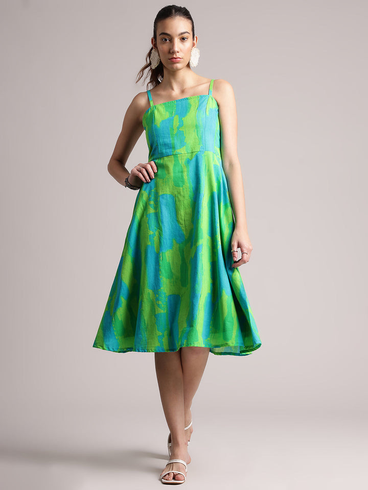 Lime Cotton Abstract A-Line Dress  - By Janasya