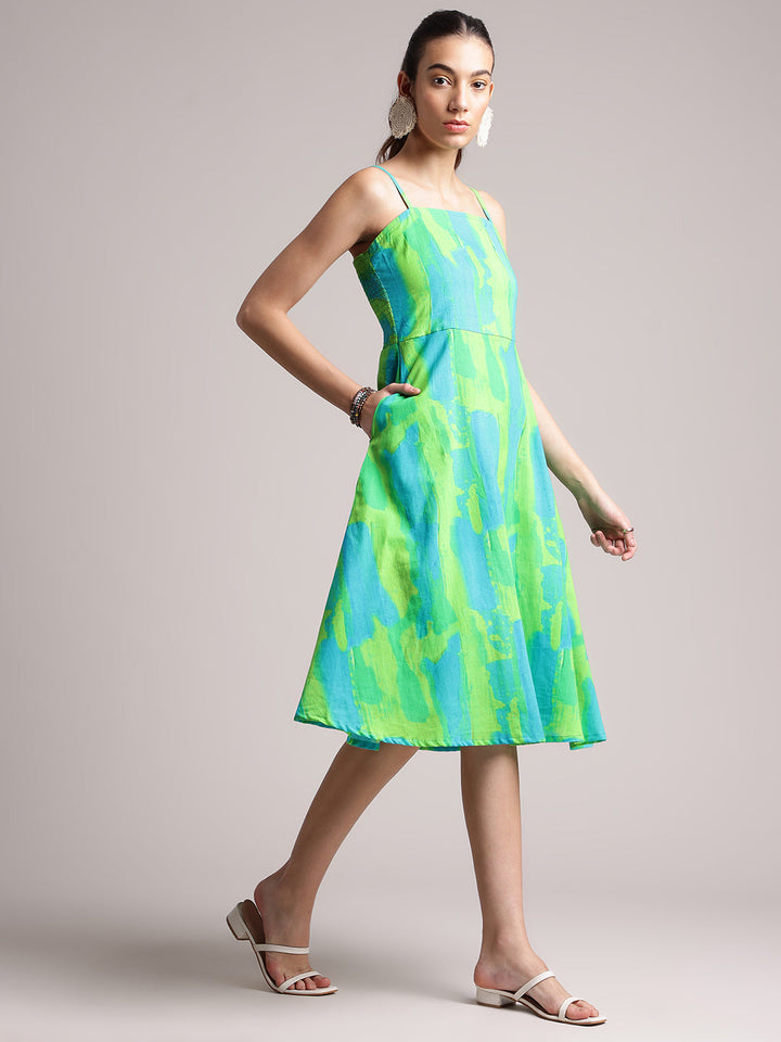 Lime Cotton Abstract A-Line Dress  - By Janasya