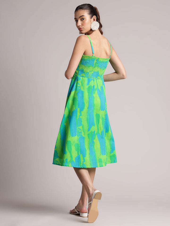 Lime Cotton Abstract A-Line Dress  - By Janasya