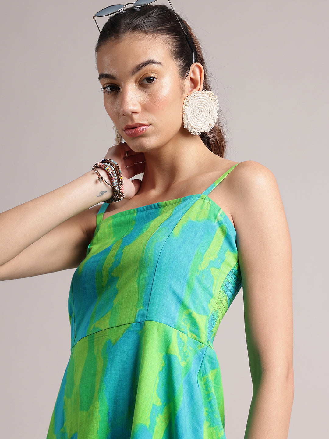 Lime Cotton Abstract A-Line Dress  - By Janasya