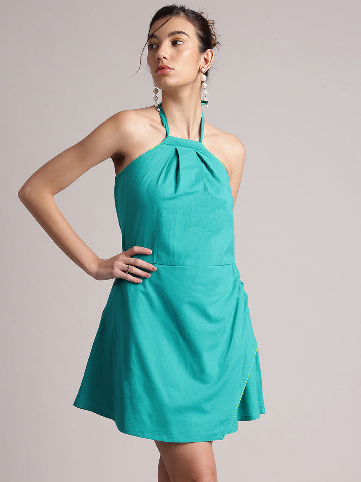 Aqua Solid Halter Neck Tie-Up Wrap Dress  - By Janasya