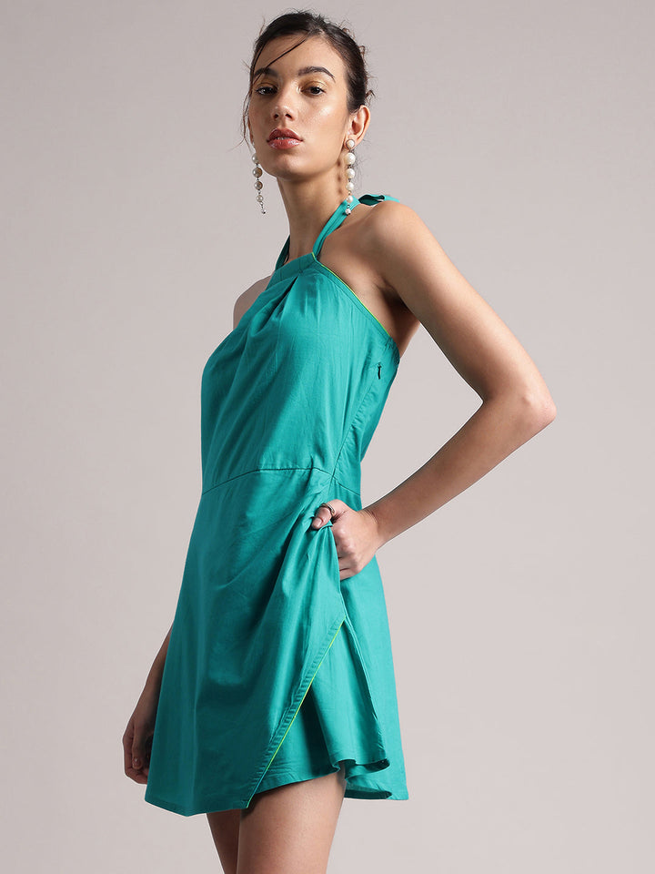 Aqua Solid Halter Neck Tie-Up Wrap Dress  - By Janasya