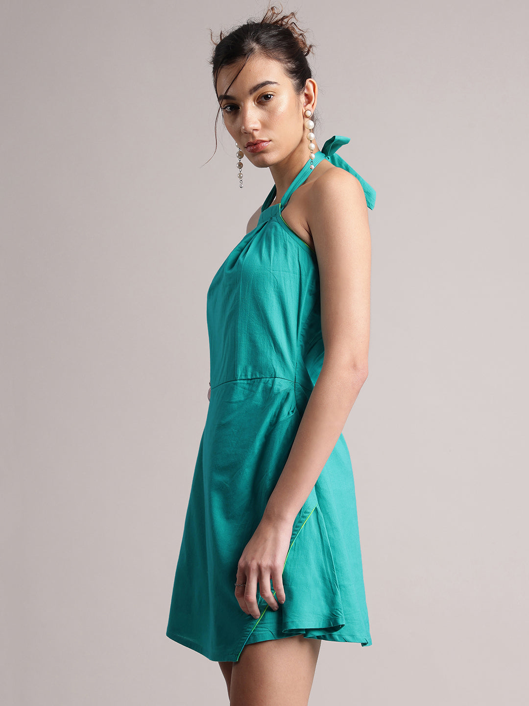 Aqua Solid Halter Neck Tie-Up Wrap Dress  - By Janasya