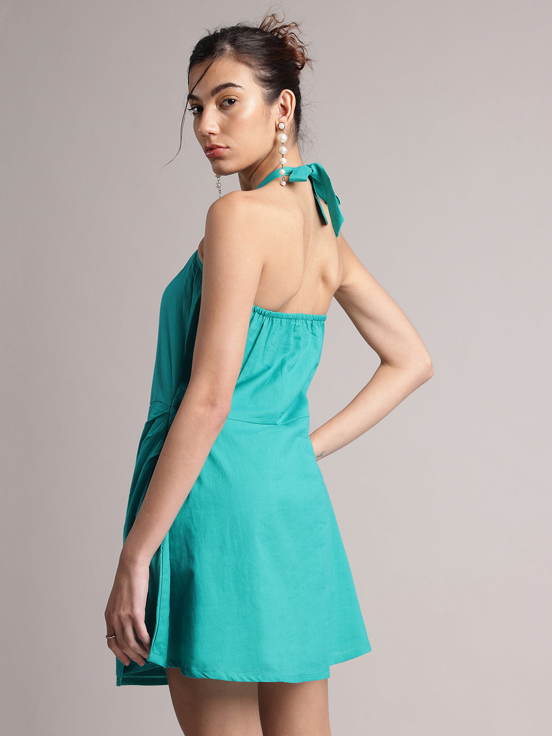 Aqua Solid Halter Neck Tie-Up Wrap Dress  - By Janasya