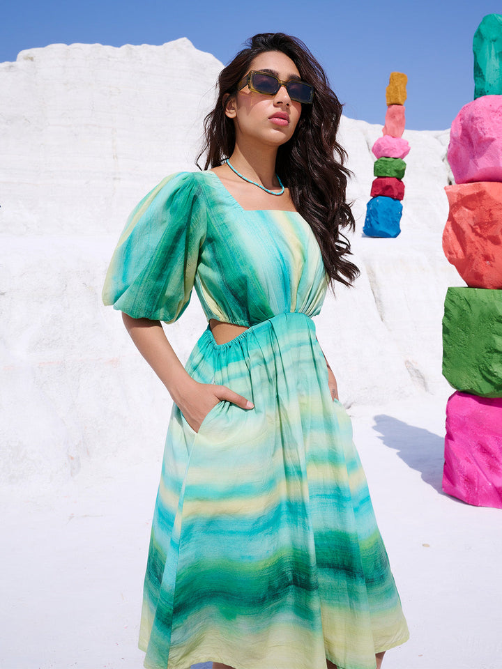 Multicolor Cotton Abstract Fit & Flare Dress  - By Janasya