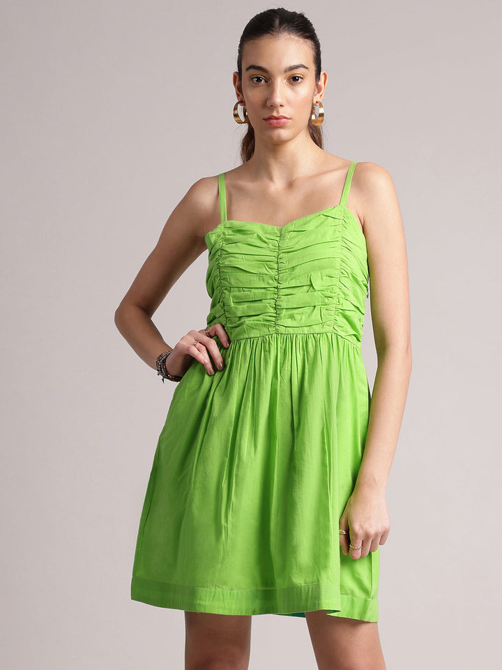 Lime Cotton Solid Fit & Flare Dress  - By Janasya