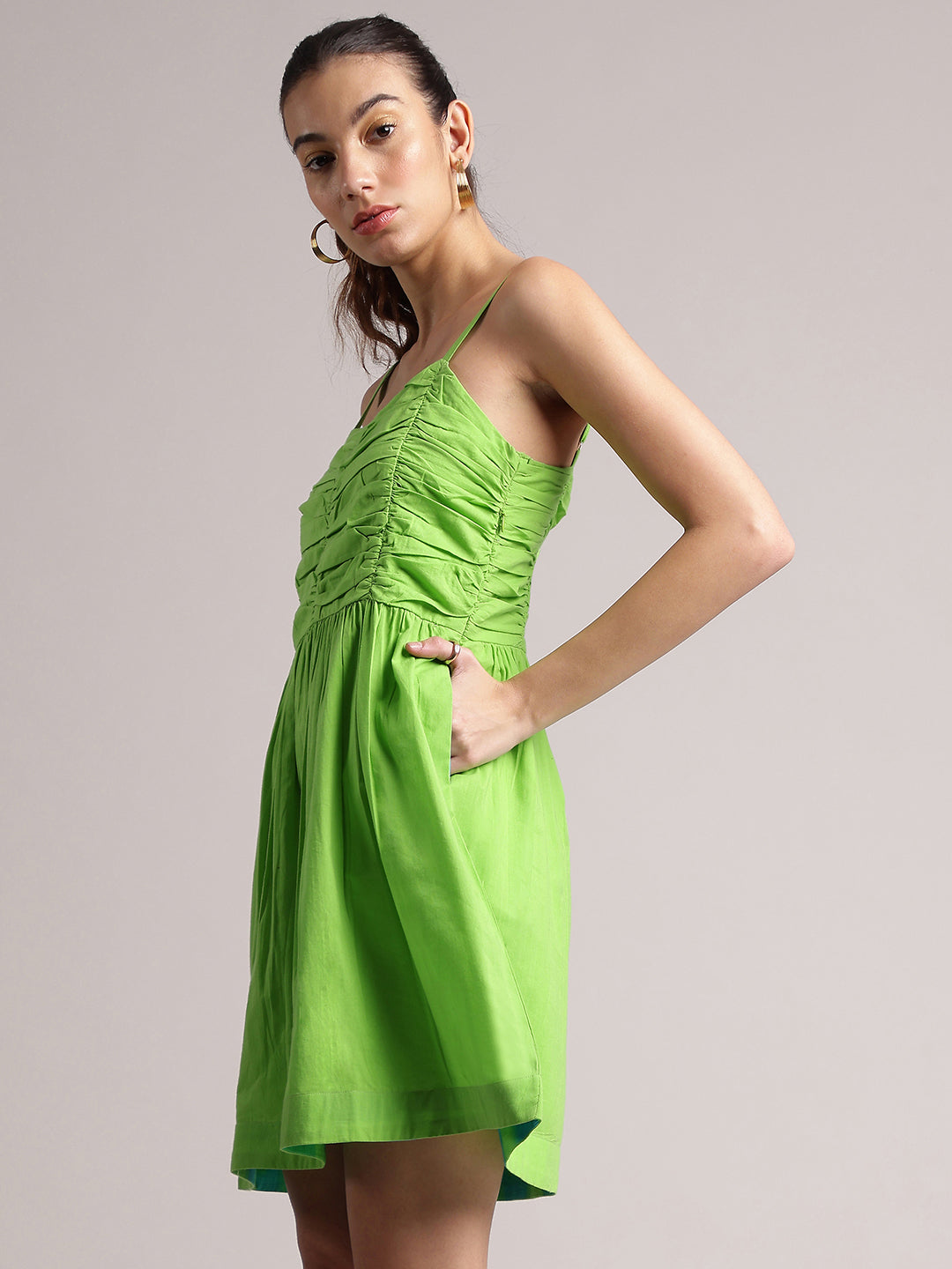 Lime Cotton Solid Fit & Flare Dress  - By Janasya