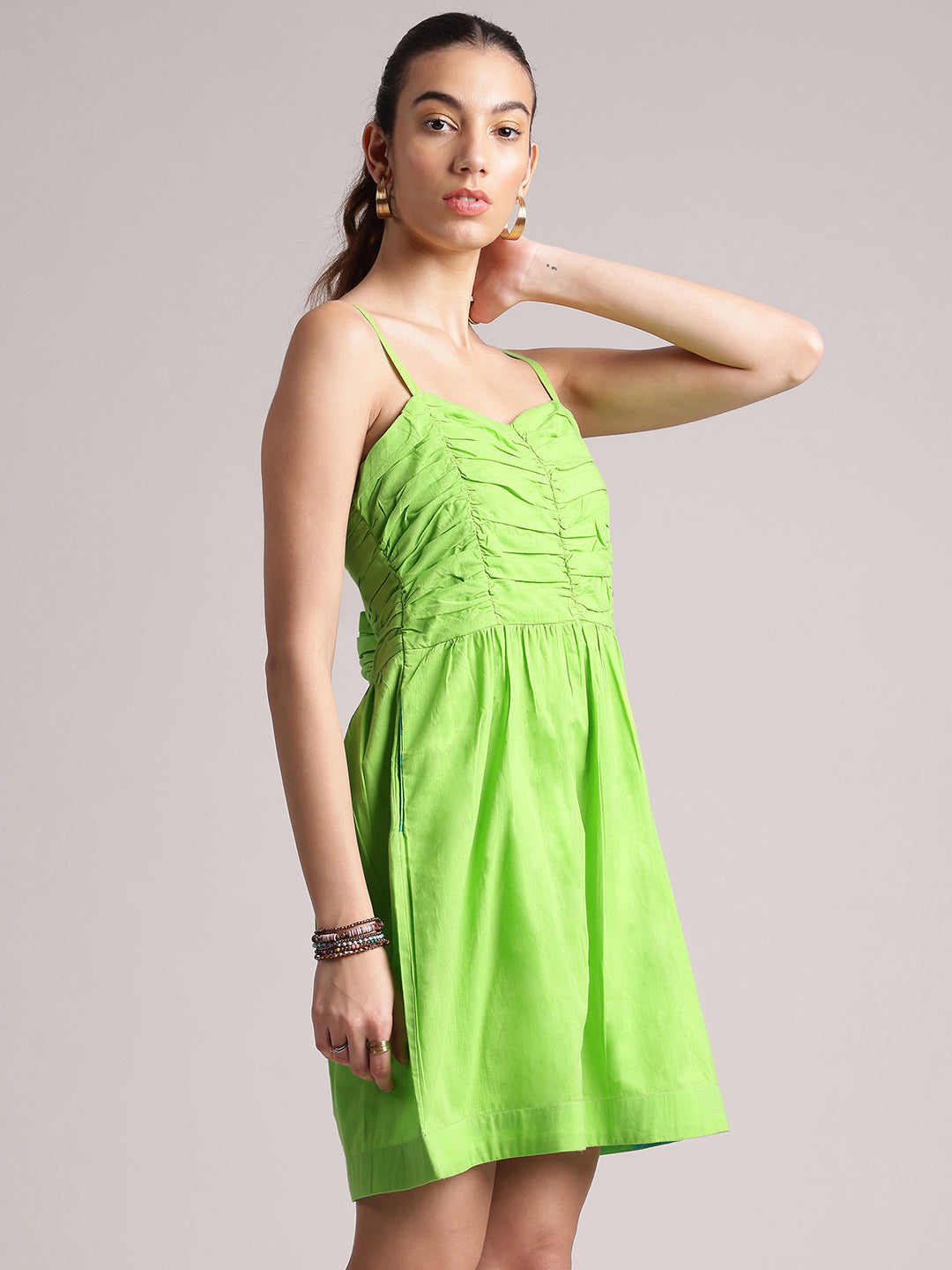 Lime Cotton Solid Fit & Flare Dress  - By Janasya