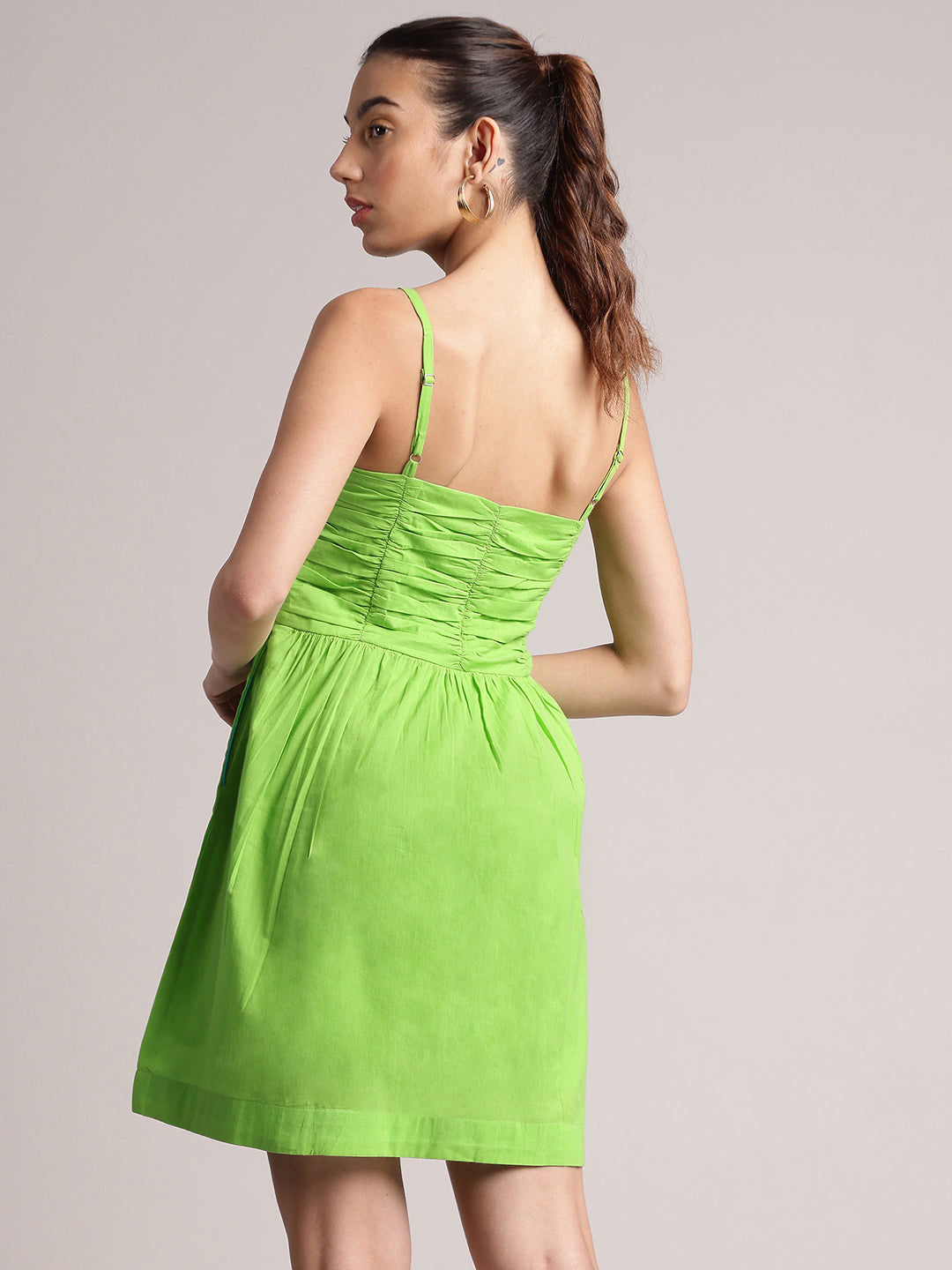 Lime Cotton Solid Fit & Flare Dress  - By Janasya