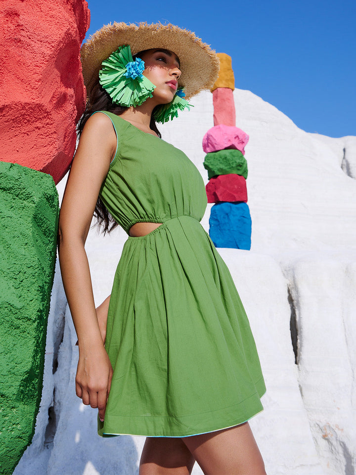 Green Cotton Solid Front Side Cut-Out Dress  - By Janasya