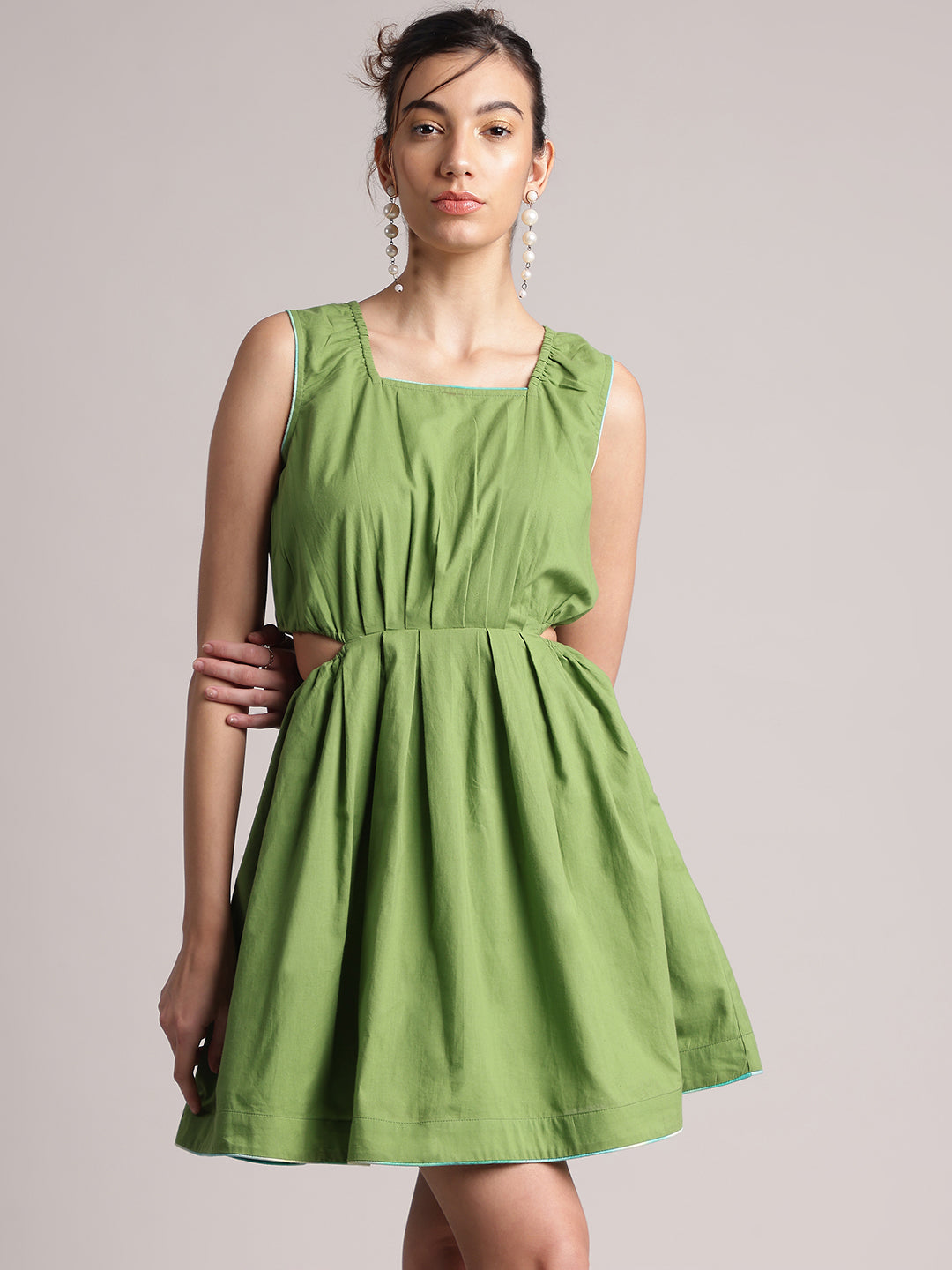 Green Cotton Solid Front Side Cut-Out Dress  - By Janasya