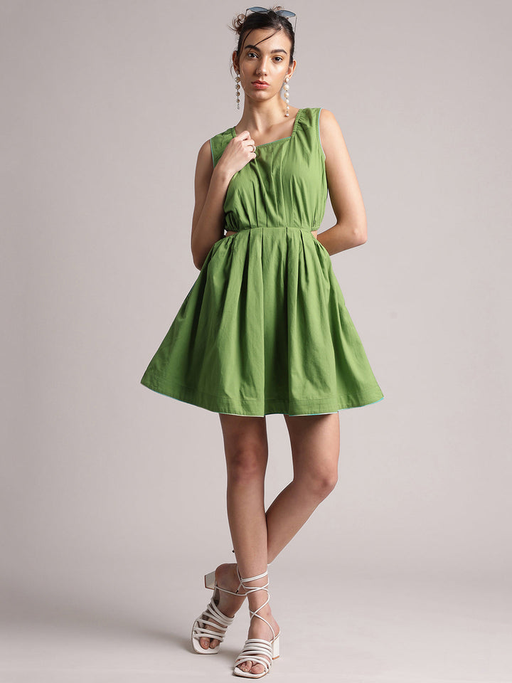 Green Cotton Solid Front Side Cut-Out Dress  - By Janasya