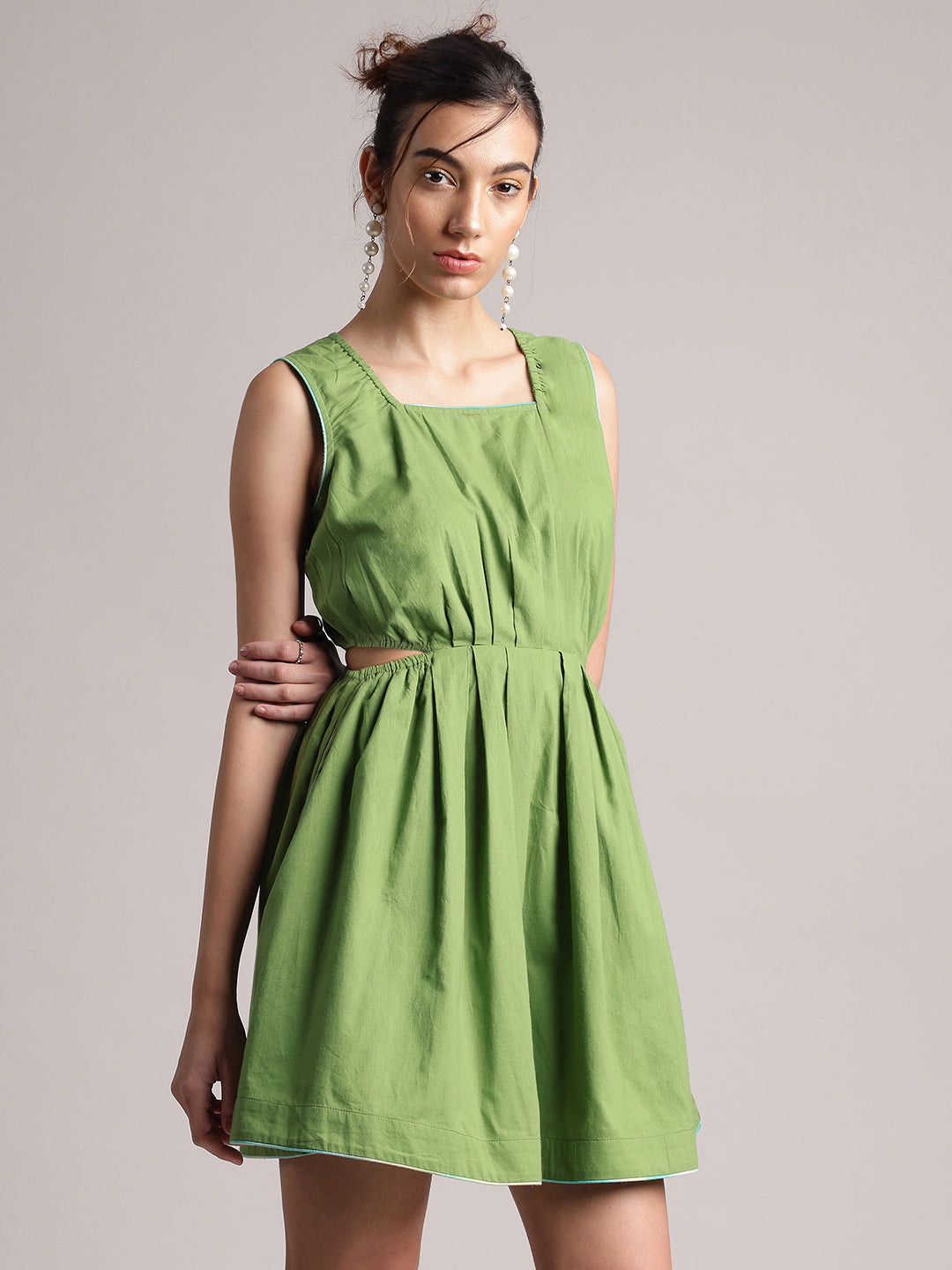 Green Cotton Solid Front Side Cut-Out Dress  - By Janasya