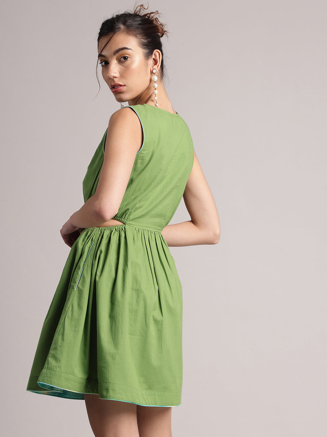 Green Cotton Solid Front Side Cut-Out Dress  - By Janasya