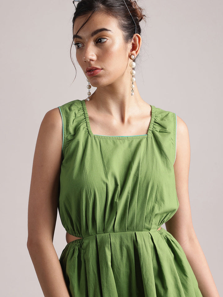 Green Cotton Solid Front Side Cut-Out Dress  - By Janasya