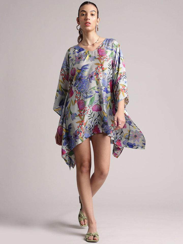 Grey Muslin Tropical Kaftan Dress  - By Janasya