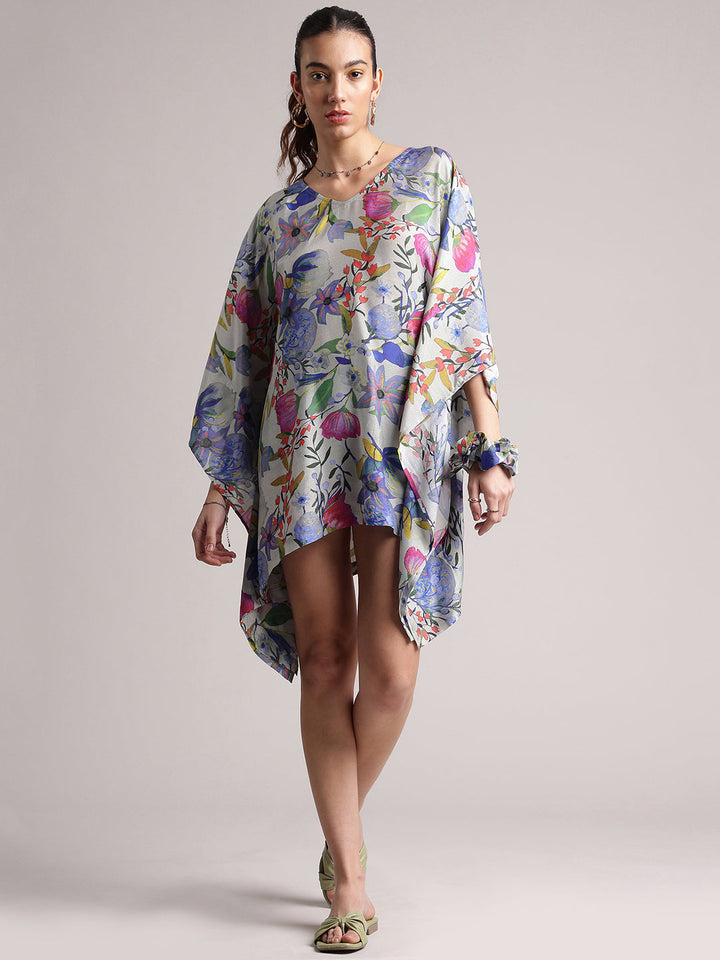 Grey Muslin Tropical Kaftan Dress  - By Janasya