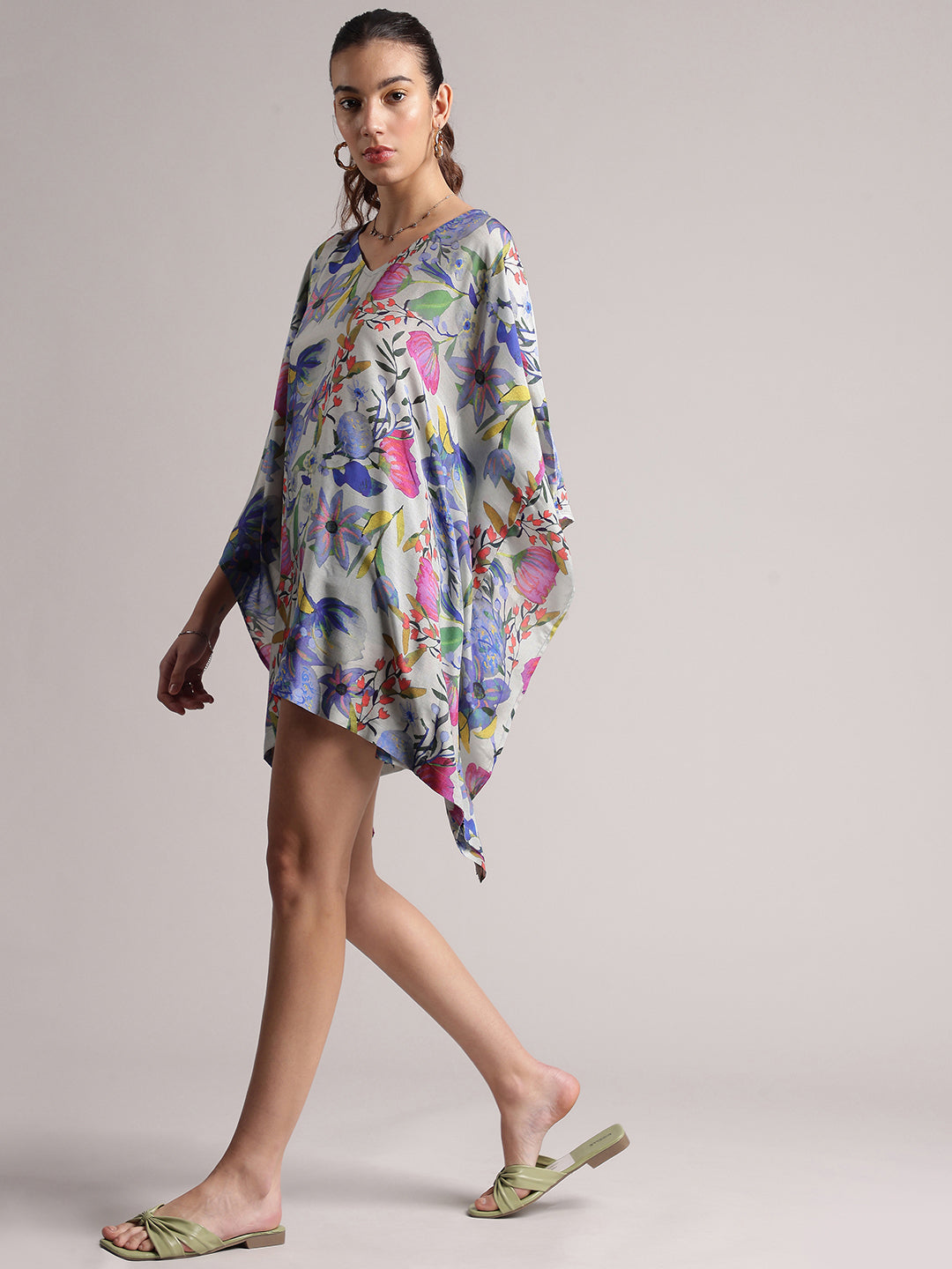 Grey Muslin Tropical Kaftan Dress  - By Janasya