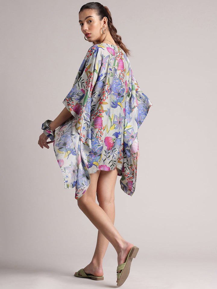 Grey Muslin Tropical Kaftan Dress  - By Janasya