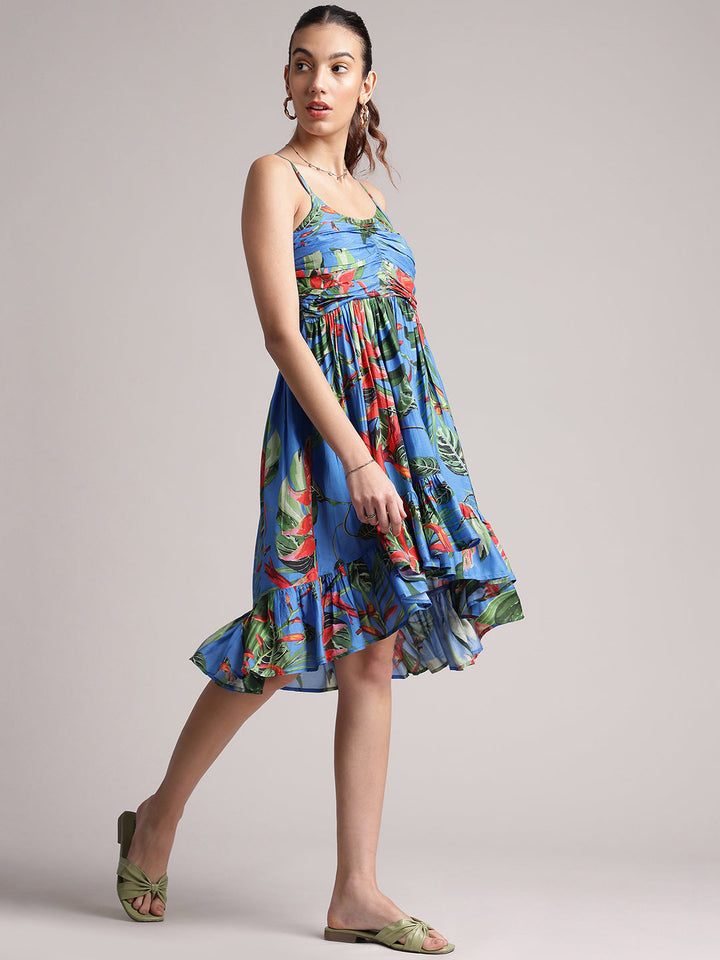 Blue Muslin Tropical Fit & Flare Dress  - By Janasya