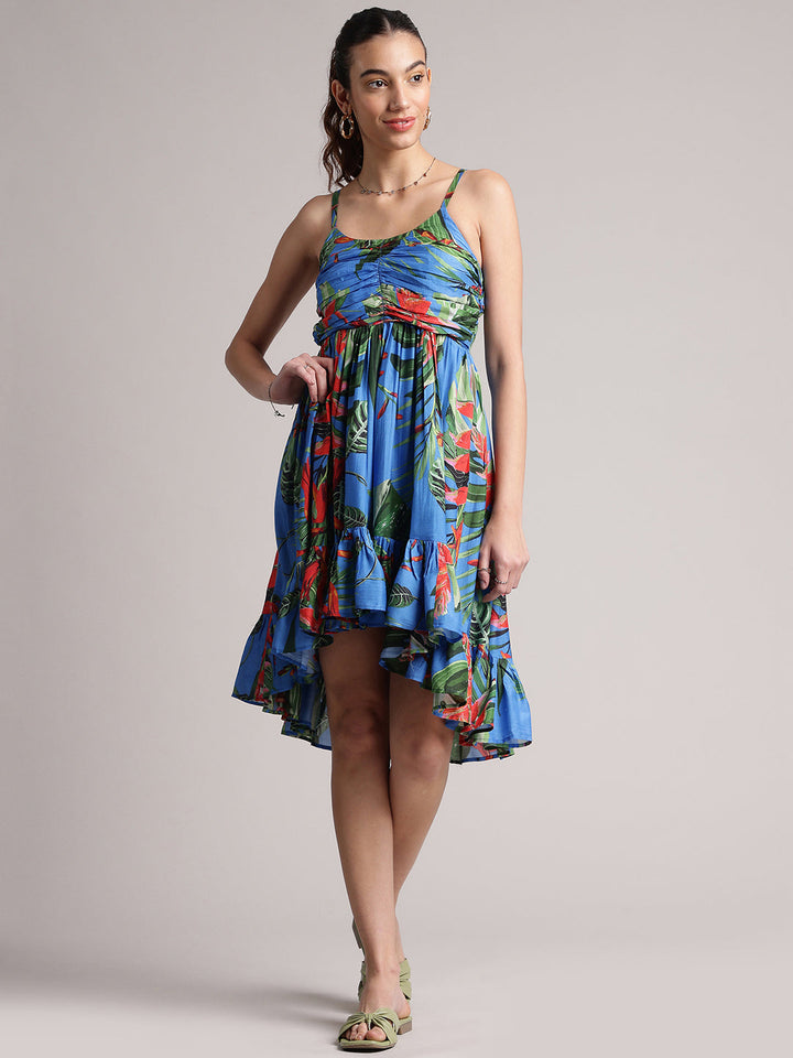 Blue Muslin Tropical Fit & Flare Dress  - By Janasya