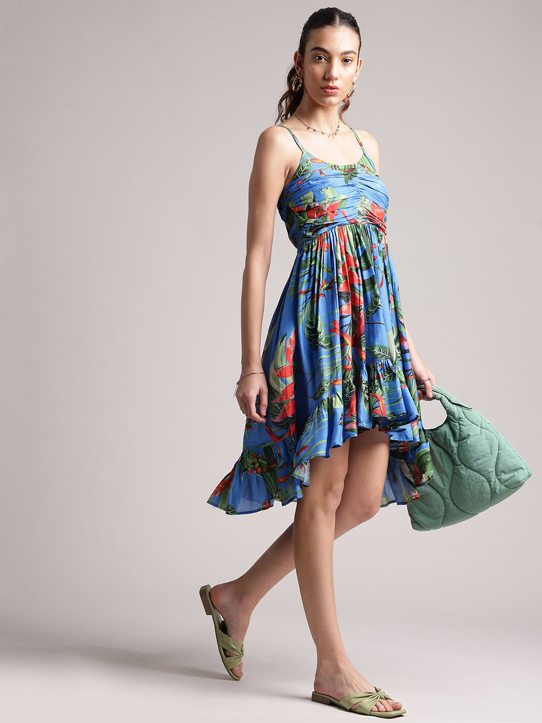 Blue Muslin Tropical Fit & Flare Dress  - By Janasya