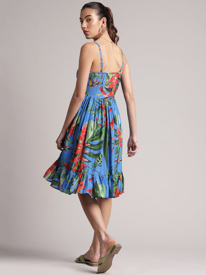 Blue Muslin Tropical Fit & Flare Dress  - By Janasya