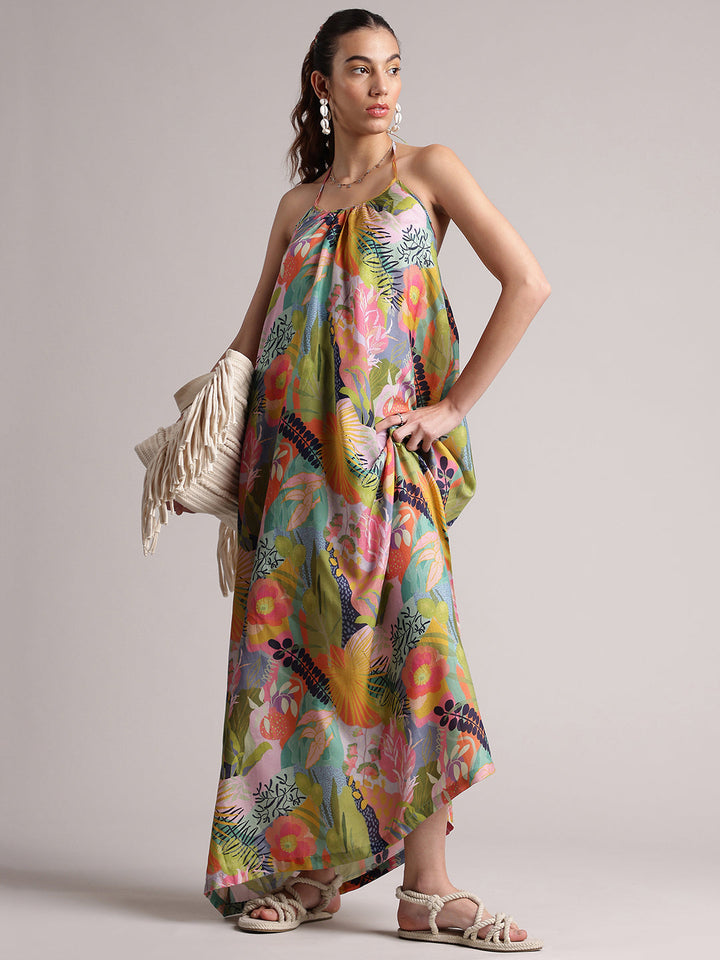 Multicolor Muslin Tropical Maxi Dress  - By Janasya