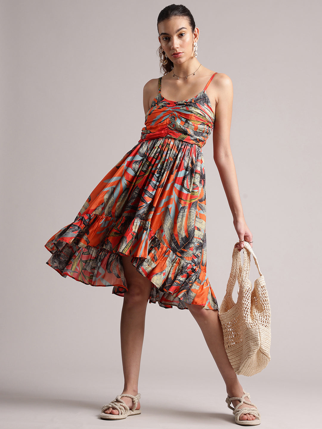 Orange Muslin Tropical Fit & Flare Dress  - By Janasya