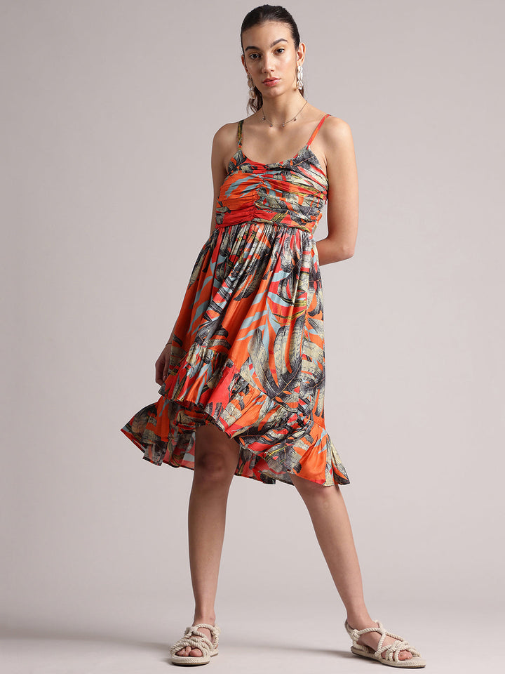 Orange Muslin Tropical Fit & Flare Dress  - By Janasya