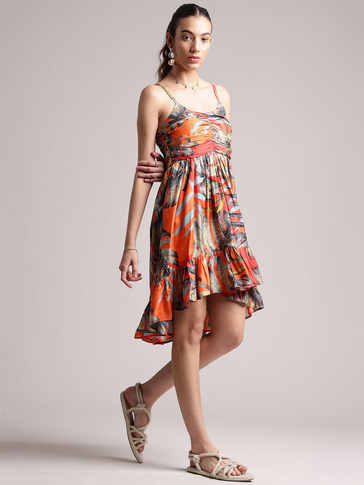 Orange Muslin Tropical Fit & Flare Dress  - By Janasya