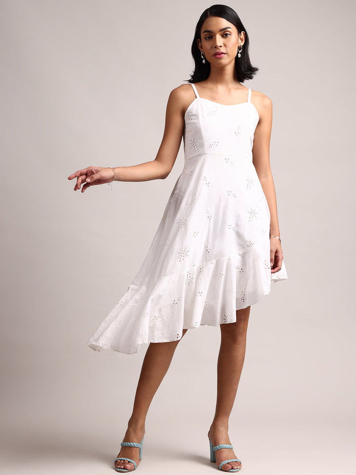 White Cotton Schiffli Asymmetric Dress  - By Janasya