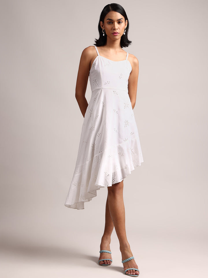 White Cotton Schiffli Asymmetric Dress  - By Janasya