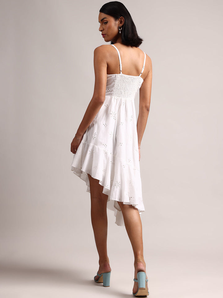 White Cotton Schiffli Asymmetric Dress  - By Janasya